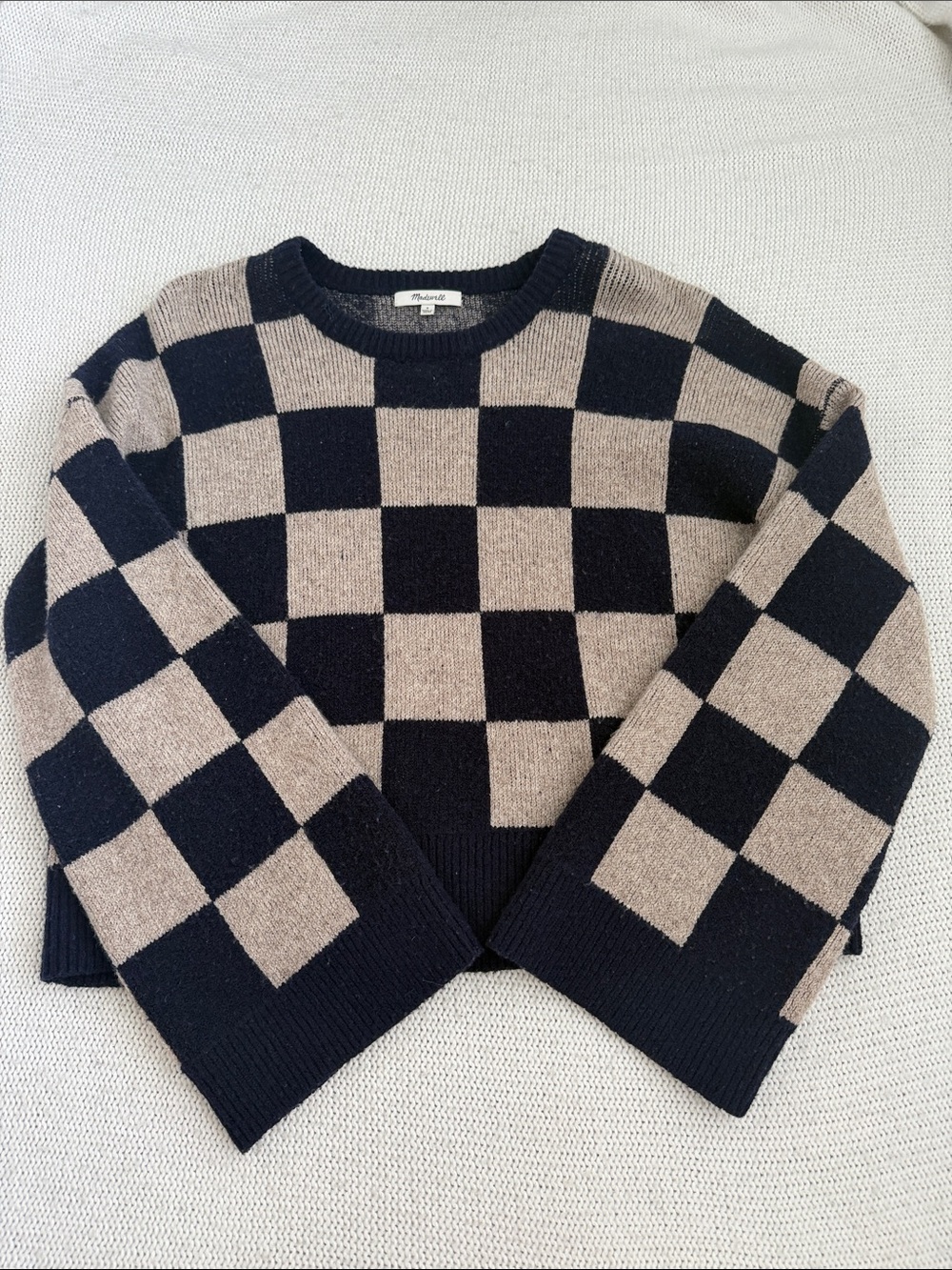 Madewell Cardiff Checkerboard Crewneck Sweater Navy/Tan Size Small - Picture 4 of 10